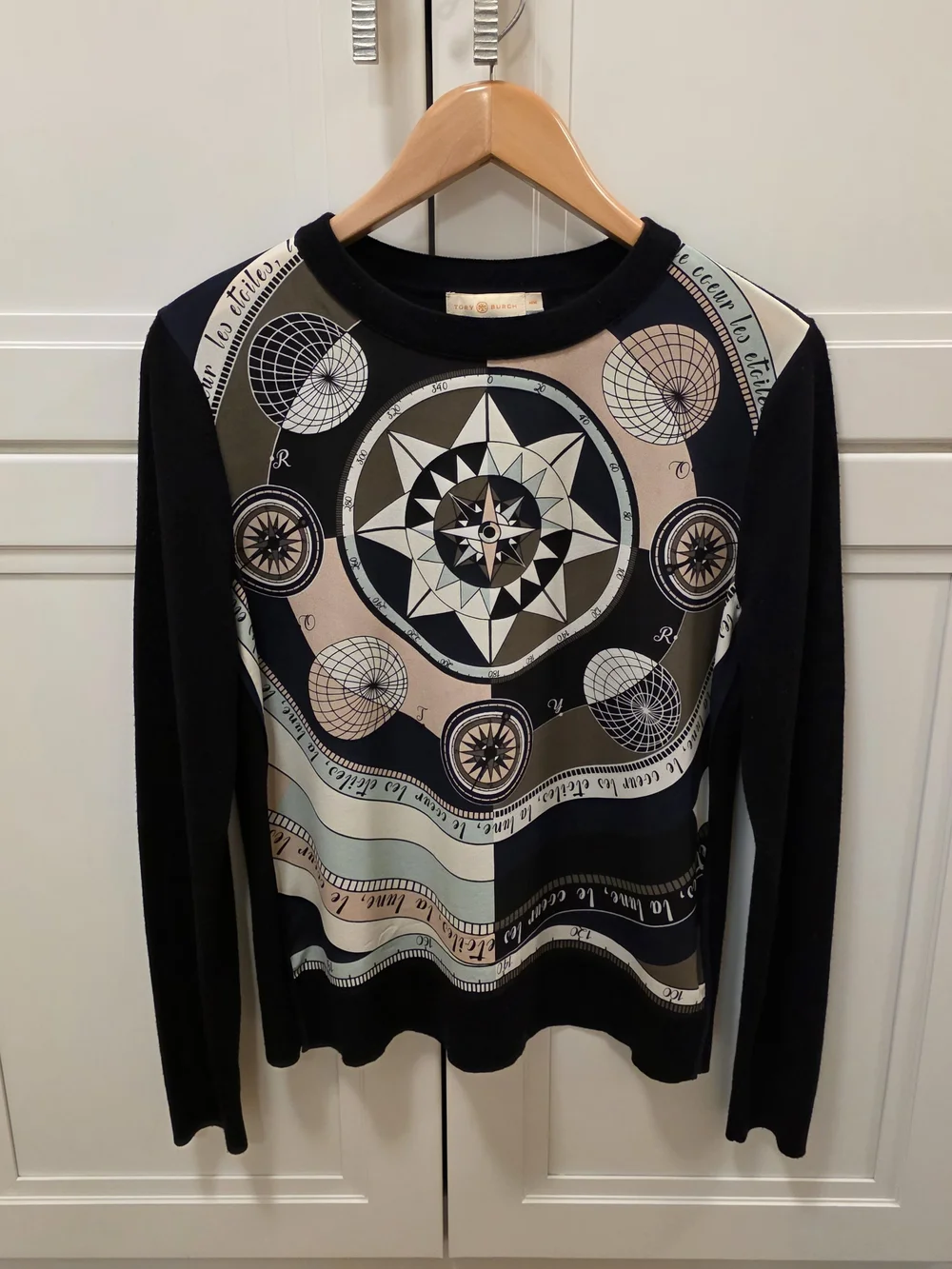 Tory Burch Sillk- Front Merino Wool Sweater with Compass Print in Beige & Olive